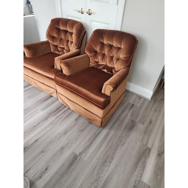 Beautiful late Mid-Century Matching Pair Of Velvet Rust Colored Swivel And Rocking Chairs Very Comfortable These have held...