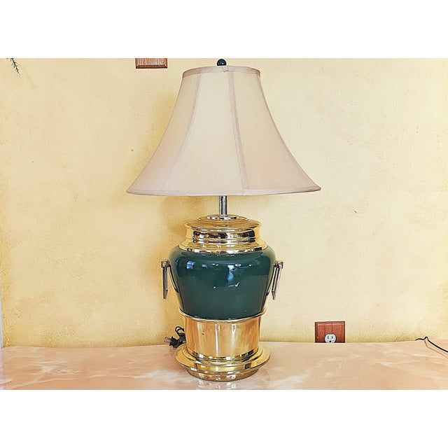 Emerald Green and Gold Metal Table Lamp with two square shaped handles on either side. Inspired by mid-century modern...