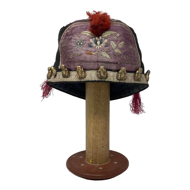 Late 19th Century Chinese Scholar's Silk Hat With Happy Buddha Symbols For Sale