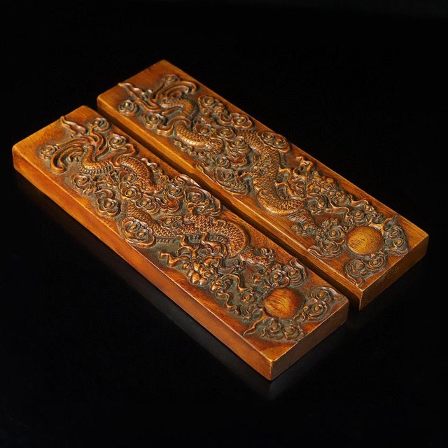 Wood Carved Rosewood Double Dragon & Flaming Pearl Paperweights / Decorative Panels - A Pair For Sale - Image 7 of 9