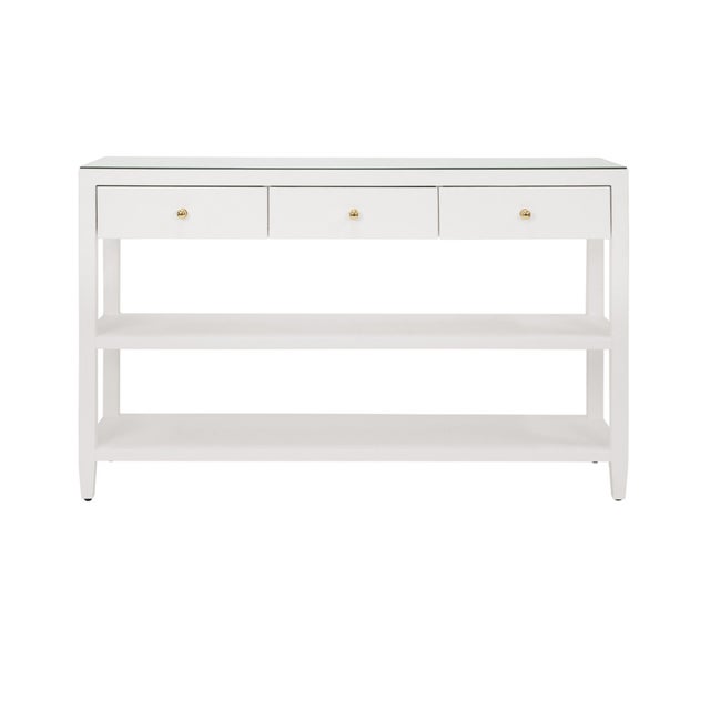 Metal Matthew Izzo Home Briar Textured White Linen Three Drawer Console Table With Brass Knobs For Sale - Image 7 of 7