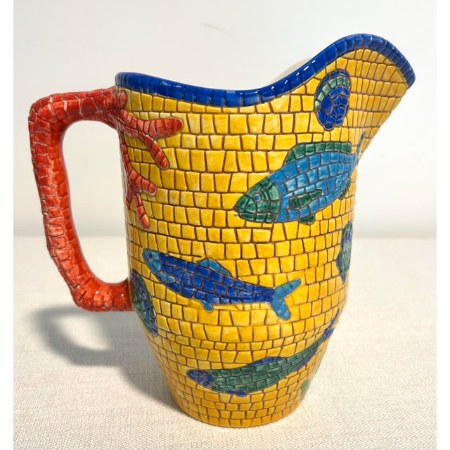 Beautiful Vietri mosaic fish and coral serving pieces including a matching pitcher, salt and pepper shakers, and gravy...