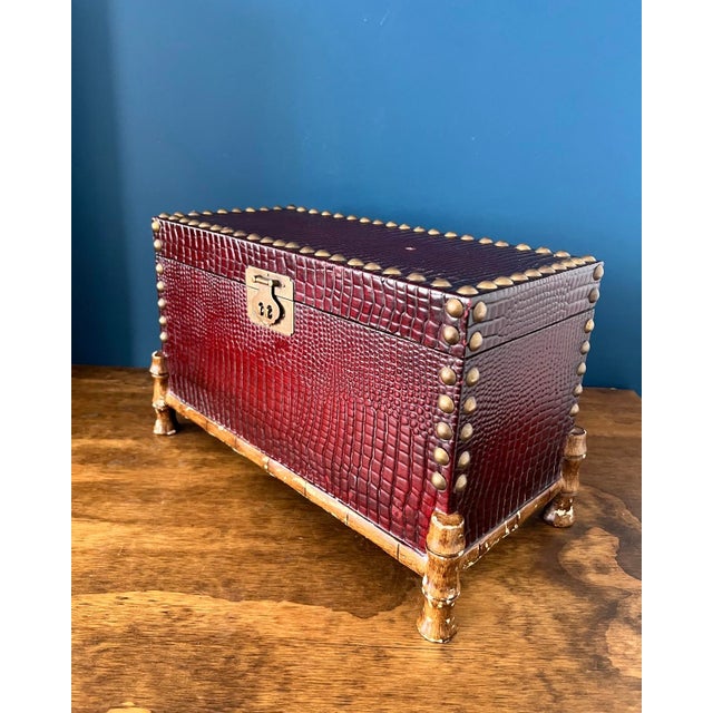 Vintage Faux Crocodile Trunk Box, Brass Studded With Bamboo-Style Feet, 1970s For Sale - Image 4 of 17