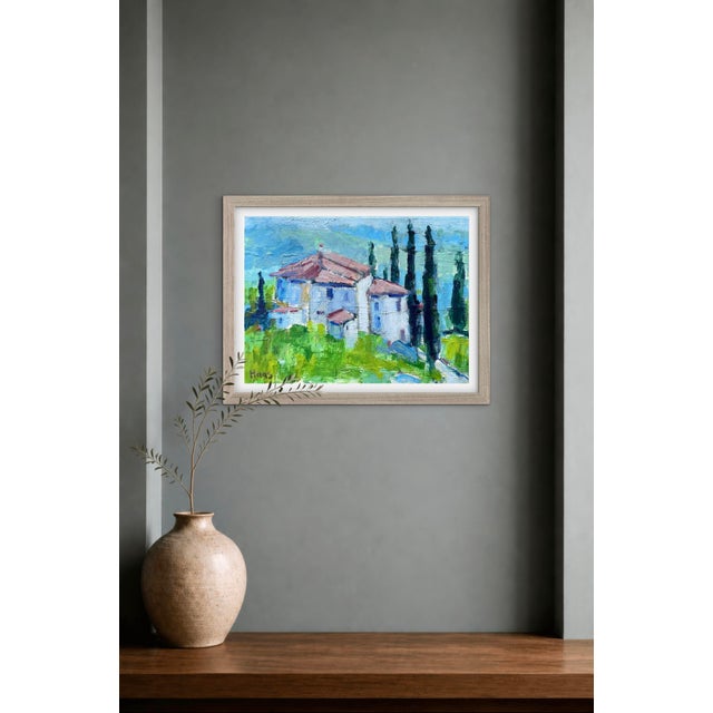 A sunlit Tuscan villa rests quietly among towering cypress trees, surrounded by rolling green hills and the soft light of...