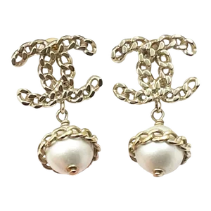 Chanel Gold Chain CC Pearl Dangle Piercing Earrings - 2 Pieces