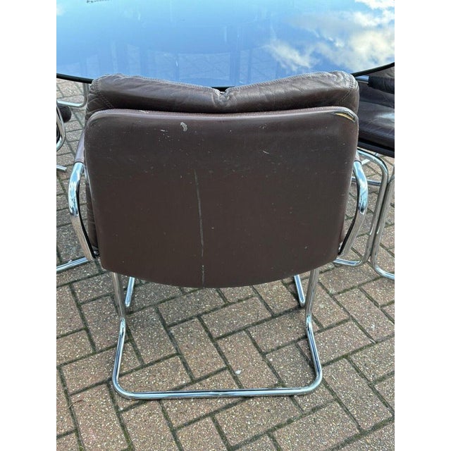 Chrome Table & Brown Leather & Chrome Pieff Chairs by Richard Young for Merrow, Set of 7 For Sale - Image 14 of 18