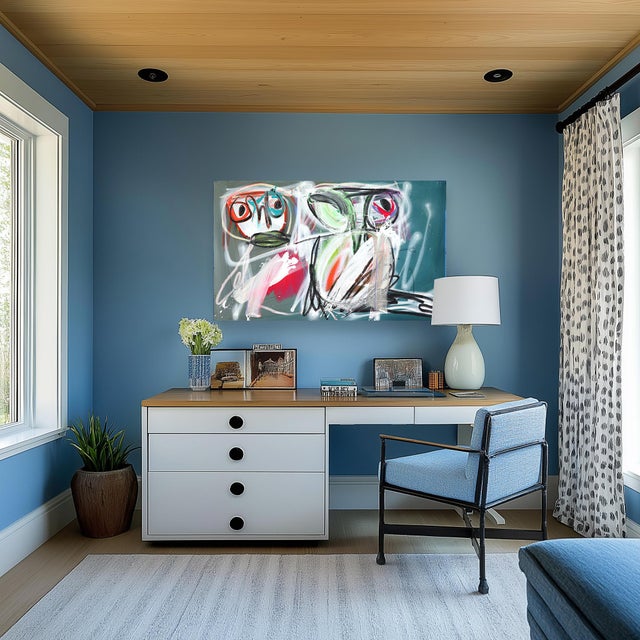 This large textural energetic abstract figurative artwork on canvas by Togolese artist Olympio is a unique mixed media...