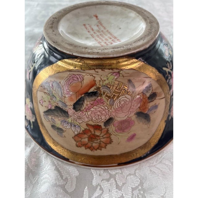 Black Vintage Macau Porcelain Bowl Black Millefleurs Gold Gilt Hand Painted 8.5" For Sale - Image 8 of 10