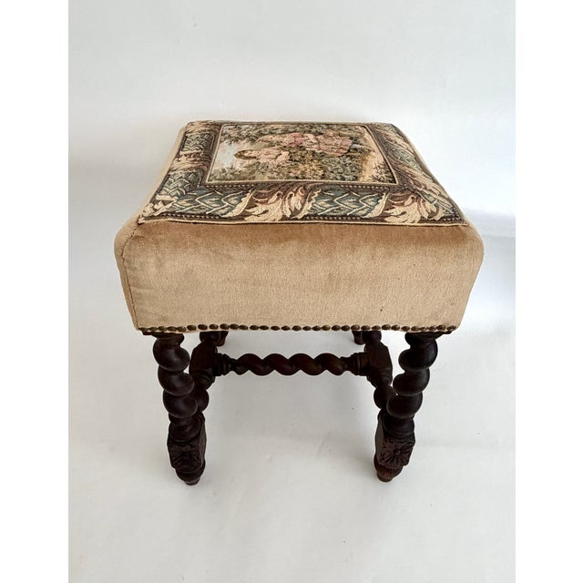 Wood Antique French Tapestry Barley Twist Stool For Sale - Image 7 of 11