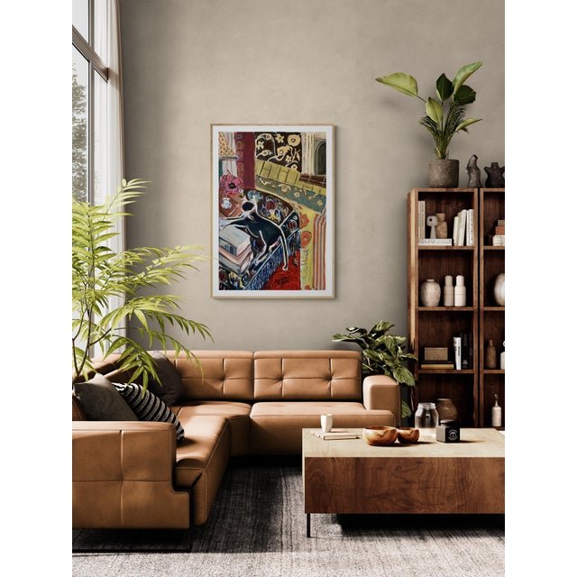 Dozing Cat, a large original work on unstretched canvas. Cat is navy blue (not black or dk. brown), dozing on an ottoman....