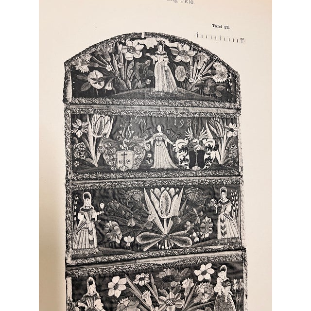 Swiss design, 1698. Scenes showing Adam and Eve with pairs of women with bouquets of flowers in a lovely tapestry design...