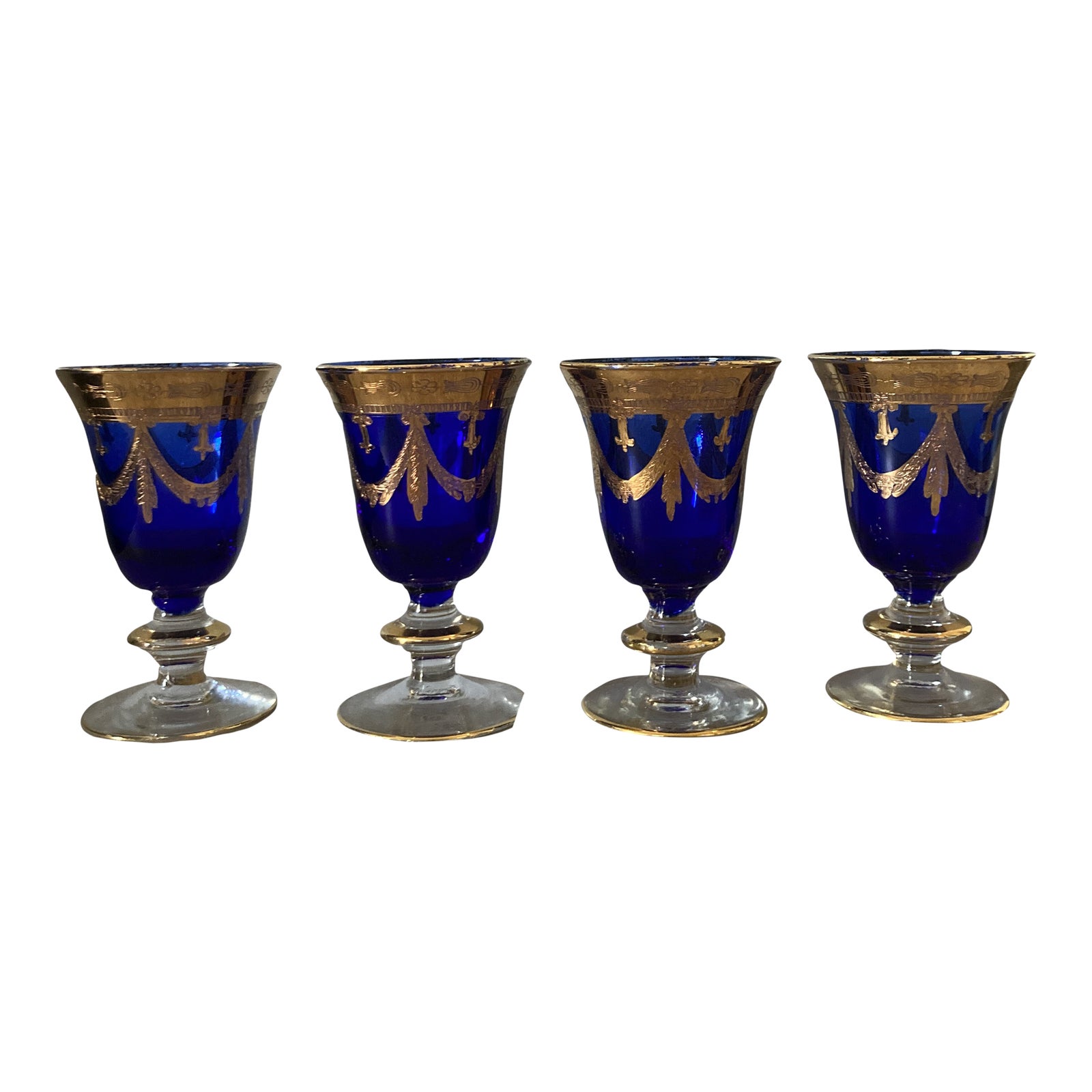 1940s Cristal T Murano Cobalt Blue 24k Gold Encrusted Wine or Cordial