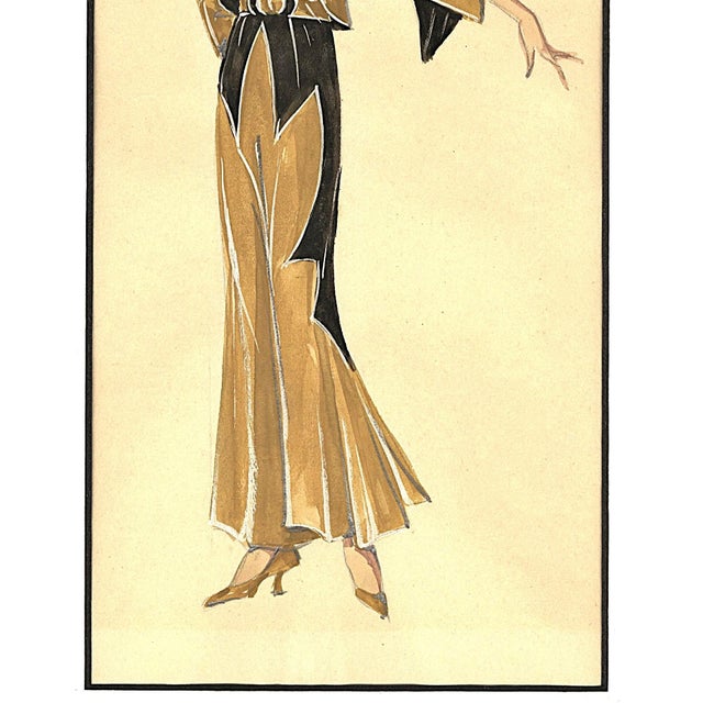 Paint 1933 Pair-Original French Watercolor Fashion Drawings-American West Cowgirl, Matted For Sale - Image 7 of 7