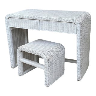 1970s Wicker Waterfall White Vanity or Desk With Matching For Sale