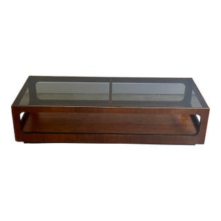 Lane Smoked Glass Coffee Table With Walnut Frame and Casters – 1968 For Sale