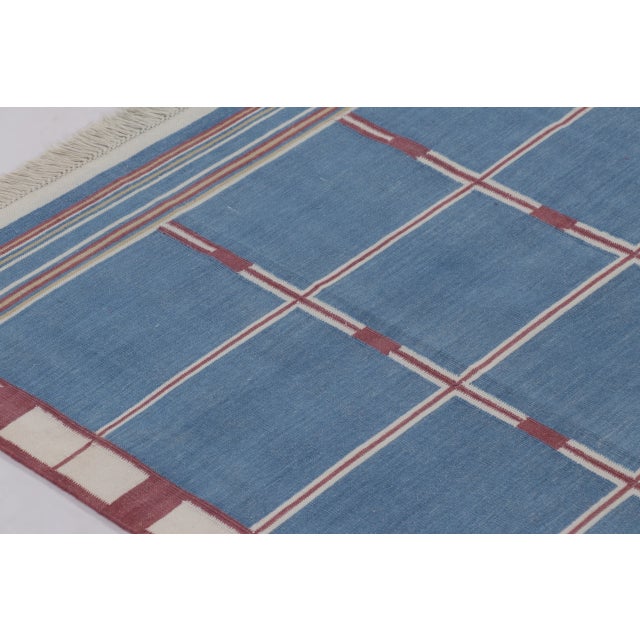 Modern Rug & Kilim’s Indian Dhurrie Rug in Blue, Red and Ivory Geometric Stripes For Sale - Image 3 of 9
