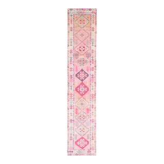 1970s Vintage Turkish Hand-Knotted Wool Cotton Pink Runner Rug For Sale