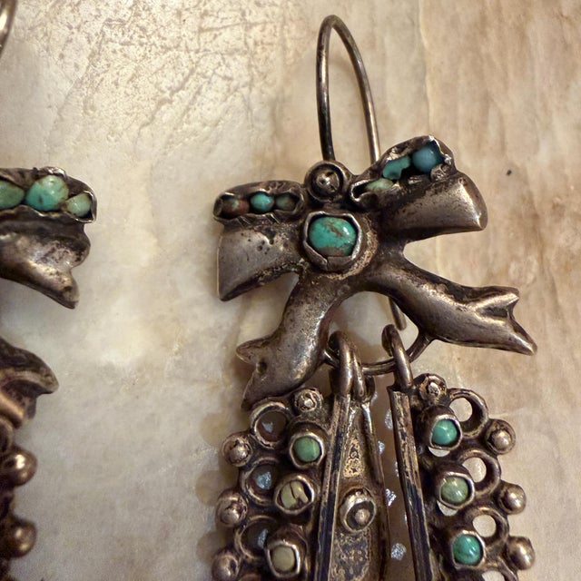 1930s Mexican Dangle Earring Sterling Silver Turquoise Stones Barretto Matilde Poulat For Sale - Image 5 of 18