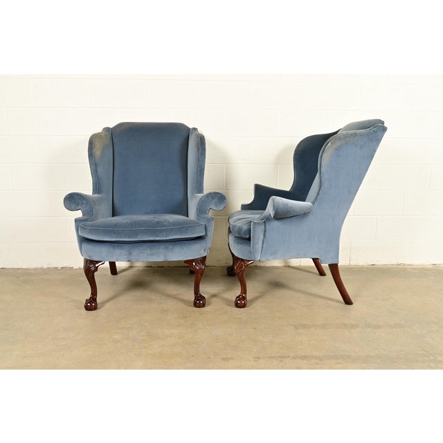 Kindel Furniture Chippendale Carved Mahogany Blue Velvet Upholstered Wingback Lounge Chairs, Pair For Sale - Image 9 of 14