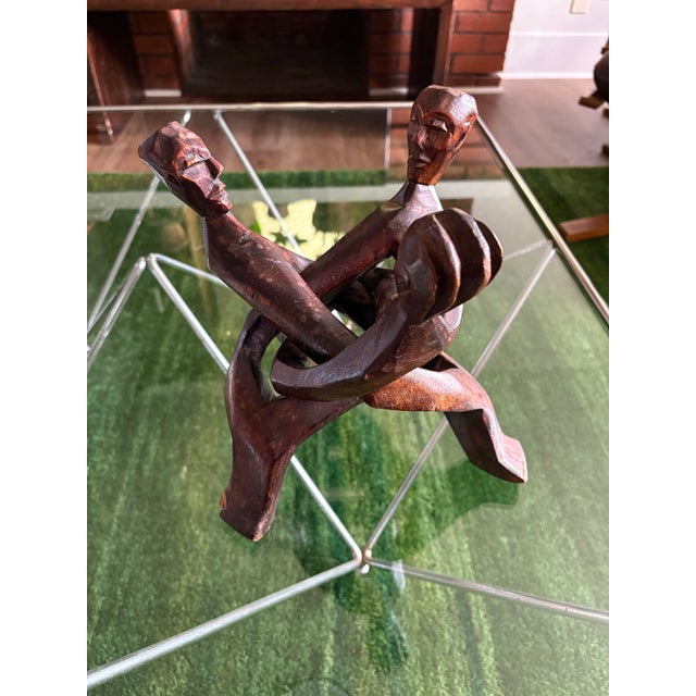 Brown Vintage Hand-Carved Wood Interlocking Figures Sculpture For Sale - Image 8 of 13