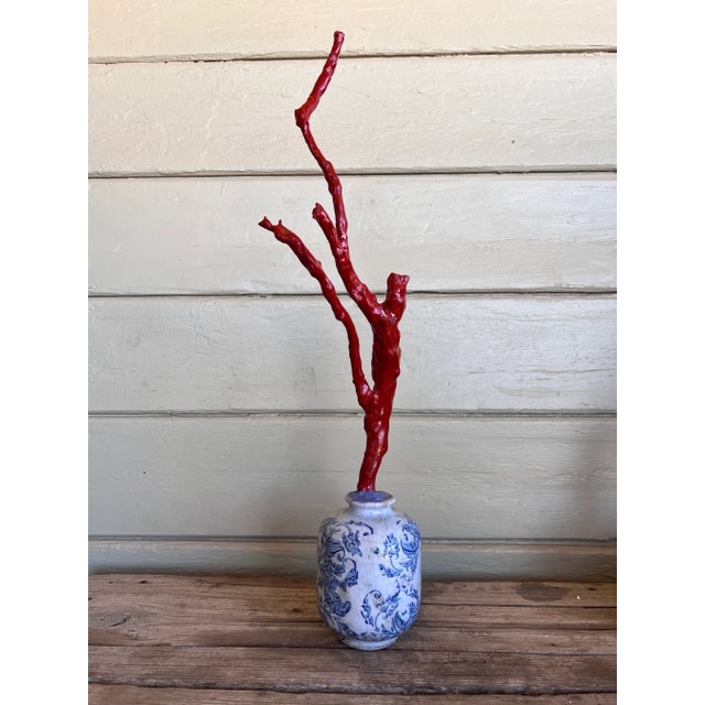Red Tall Chinoiserie Chic Style Faux Red Coral Specimen in Blue & White Vase For Sale - Image 8 of 9