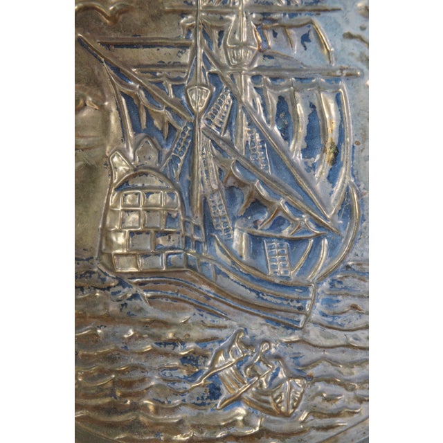Metal Early 20th Century Brass Relief Nautical Maritime Seascape Clipper Galleon Boat Ship Platters- Set of 2 For Sale - Image 7 of 9