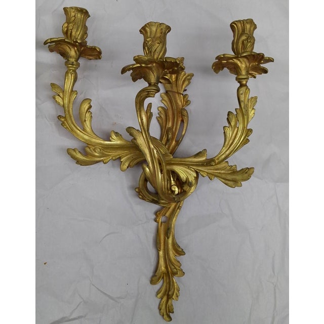 Late 19th Century Late 19th Century Pair of Rococo Style Gilt Bronze Three Arm Wall Candelabra Sconces For Sale - Image 5 of 7