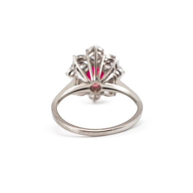 Late 20th Century Vintage 18k White Gold Gia 3.93ctw Burma Ruby Halo Diamond Floral Cocktail Ring, Size 6.5 For Sale - Image 5 of 8