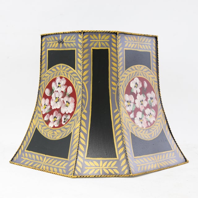 Early 21st Century Vintage Hand-Painted Toleware Panel Lamp Shade With Floral Medallion For Sale - Image 5 of 12