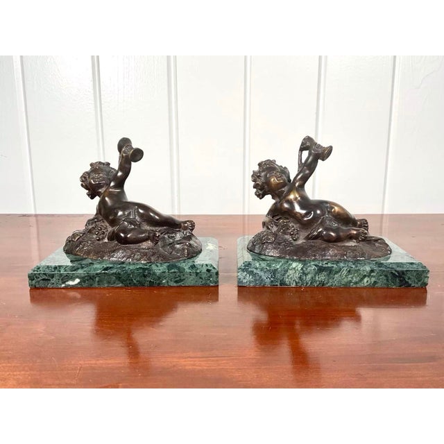 Pair of Vintage Bronze Belle Époque Style Bacchic Putti Bookends on Verde Marble, in the Manner of Auguste Moreau For Sale - Image 12 of 12
