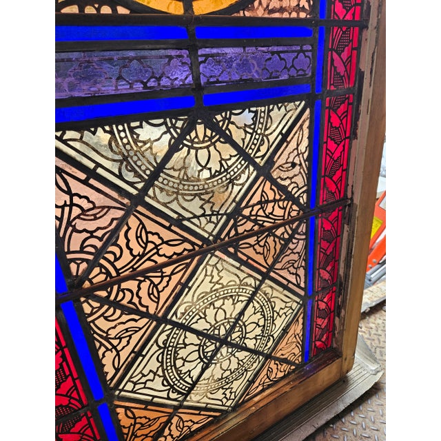 Wood 1873 Romanesque Revival Style Polychrome Stained Glass Window For Sale - Image 7 of 8