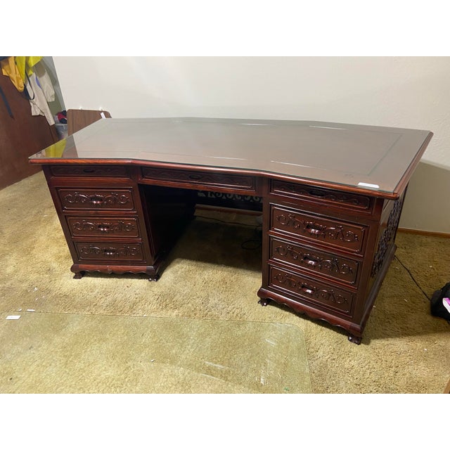 Vintage Mid Century Modern Rosewood Oriental Chinese Asian Executive Desk For Sale - Image 11 of 12