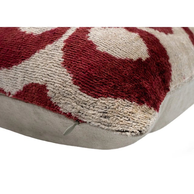 Modern Handmade Velvet Throw Pillow With Red and Beige Geometric Design & Down Feather Insert For Sale - Image 3 of 5