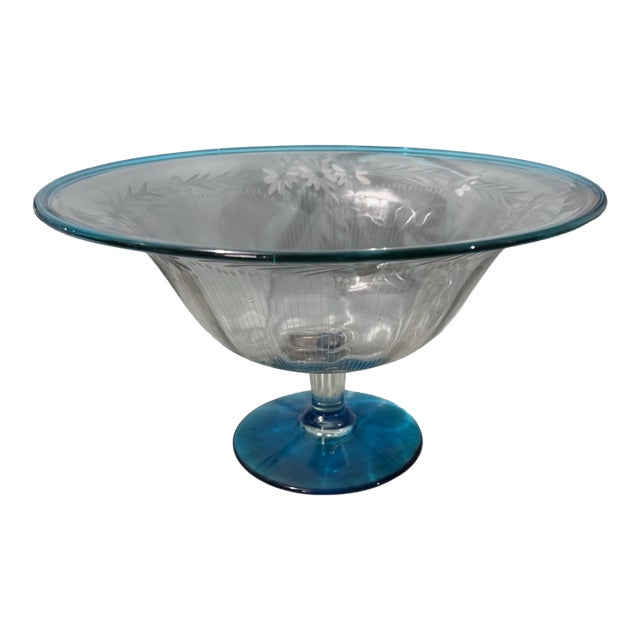 Early 20th Century Steuben Sinclaire Floral Etched Art Glass Footed Console Compote Bowl Blue Edge For Sale