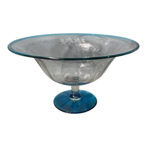 Early 20th Century Steuben Sinclaire Floral Etched Art Glass Footed Console Compote Bowl Blue Edge