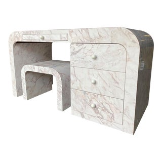 1970s Postmodern Pink & Gray Marble Formica Waterfall Vanity Desk With Bench - 2 Pieces For Sale