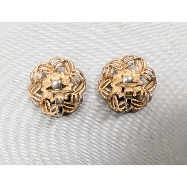 Metal Vintage Signed Crown Trifari Goldtone Cabochon Faux-Turquoise Clip Earrings-2 Pieces For Sale - Image 7 of 7