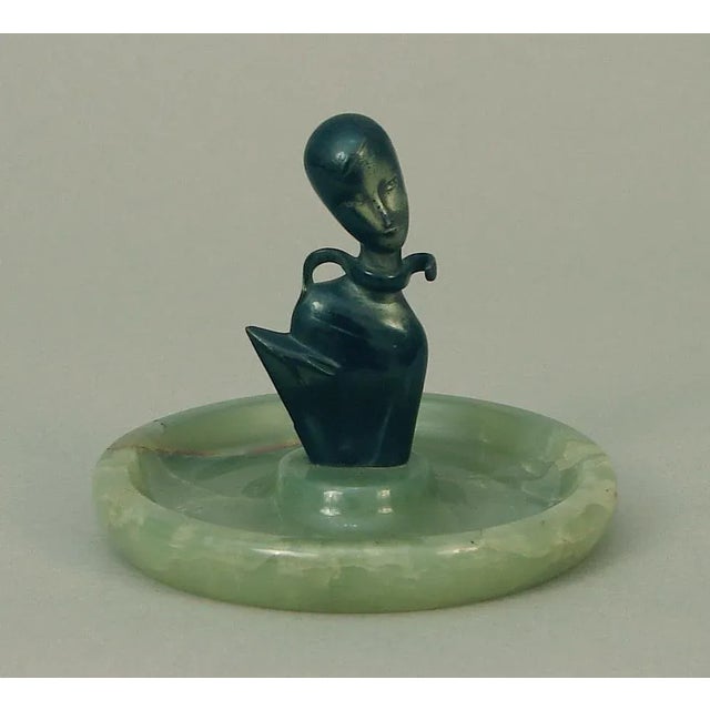 Art Deco Austrian Art Deco - Modernist Bronze Lady on Onyx Base - Ring Tray For Sale - Image 3 of 3