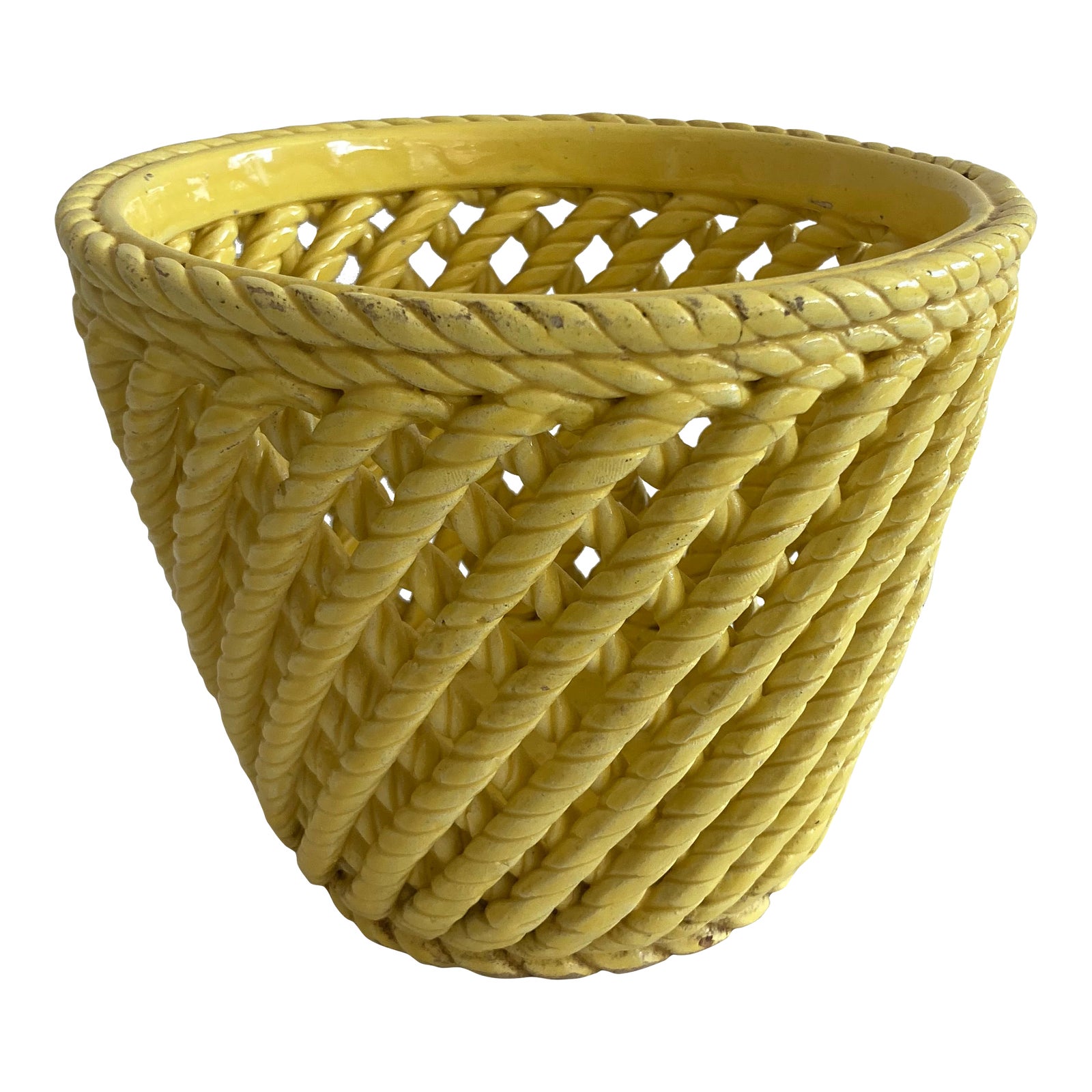 Old School Palm Beach Yellow Glazed Ceramic Cache Pot | Chairish