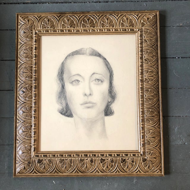 1940s Original Vintage Art Deco Charcoal Female Portrait Drawing Vintage Frame For Sale - Image 5 of 5
