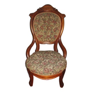 Antique Victorian Ornate Walnut Rose Tapestry Ladies / Slipper Chair For Sale