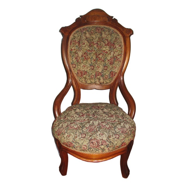 Antique Victorian Ornate Walnut Rose Tapestry Ladies / Slipper Chair For Sale