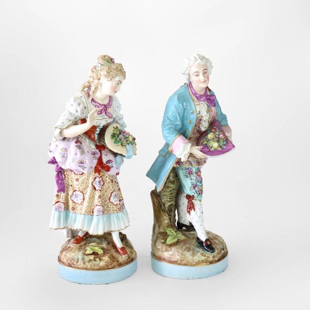 Pair of Large Meissen Style Porcelain Figures of Woman & Man Gardeners C1890 For Sale - Image 4 of 9