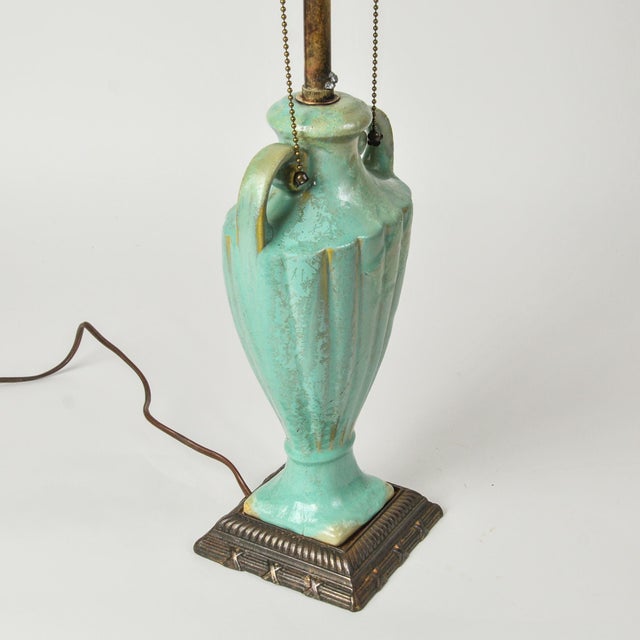 Antique Celadon Glazed Ceramic Urn Lamp With Bronze Base For Sale - Image 9 of 18