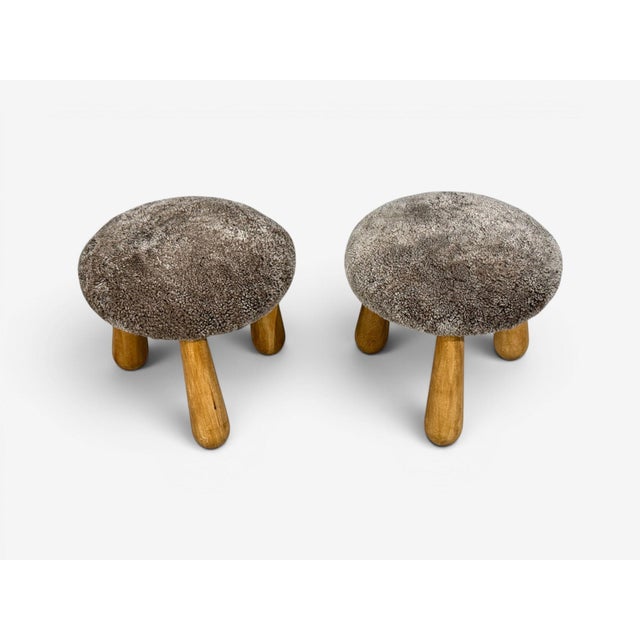 Danish Modern Style, Gray Sheepskin, Maple, Shearling Footstools, 21st C. For Sale In New York - Image 6 of 9