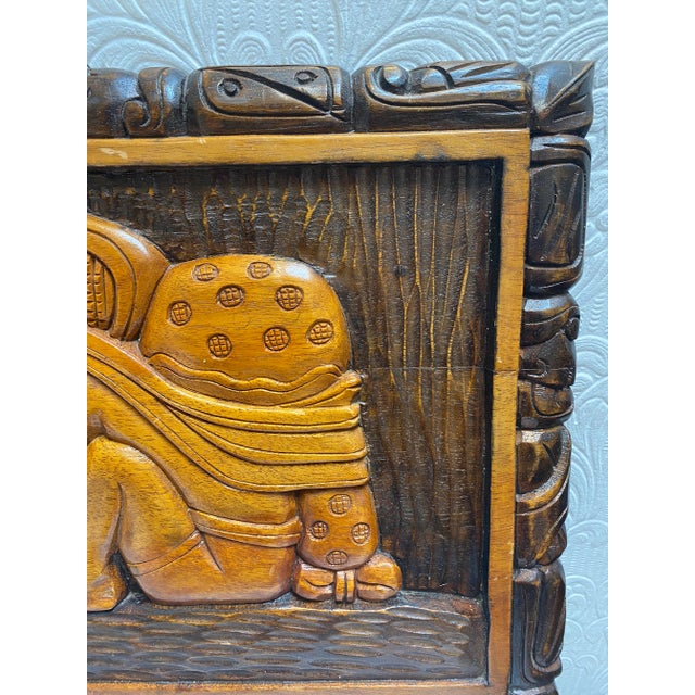 Mid Century Hand Carved Aztec Tribal Honduras Wood Wall Art For Sale - Image 6 of 11