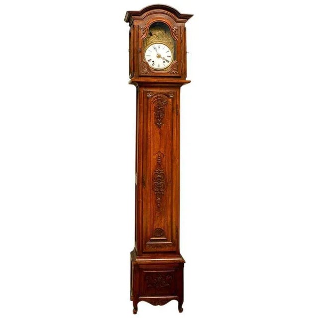 Mid 19th Century French Napoléon III Carved Walnut Long Case Clock with Brass Farming Scene For Sale - Image 10 of 10