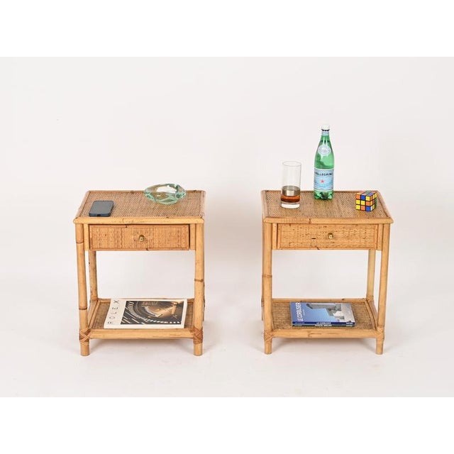 Wood French Riviera Nightstands in Bamboo, Rattan and Brass, Italy, 1970s, Set of 2 For Sale - Image 7 of 16