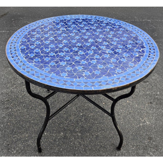 Moroccan 40" Handcrafted 2 Shades of Blue Rafraf Moroccan Mosaic Table For Sale - Image 3 of 7