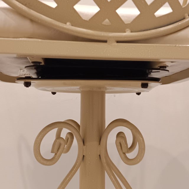 Vintage French Style Wrought Iron Indoor/Outdoor Swivel Barstools W/Cream Coating, Lattice Back and a Beautiful Silky Cream Upholstered Seat, 3 Pieces For Sale - Image 11 of 16